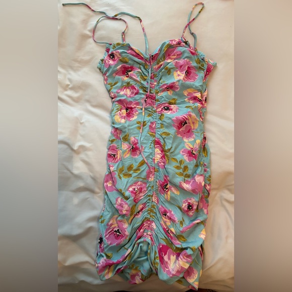 Zara Blue/Pink Floral Ruched Drawstring Mini Dress - Picture 2 of 2